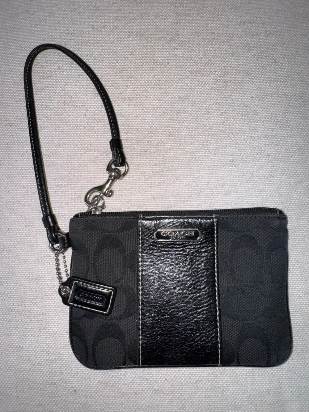 Coach Black Signature Canvas Zip Wristlet And Leather Stripe Women Clutch Wallet